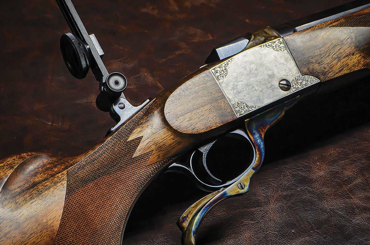 A Ruger No. 1, customized into an elegant Creedmoor-style, long-range target rifle in 40-70 Sharps (Straight). Primary credit goes to Danny Pedersen for the barrel and metalwork. Robert Szweda stocked it, Sam Welch engraved the scroll and Doug Turnbull put it all together.